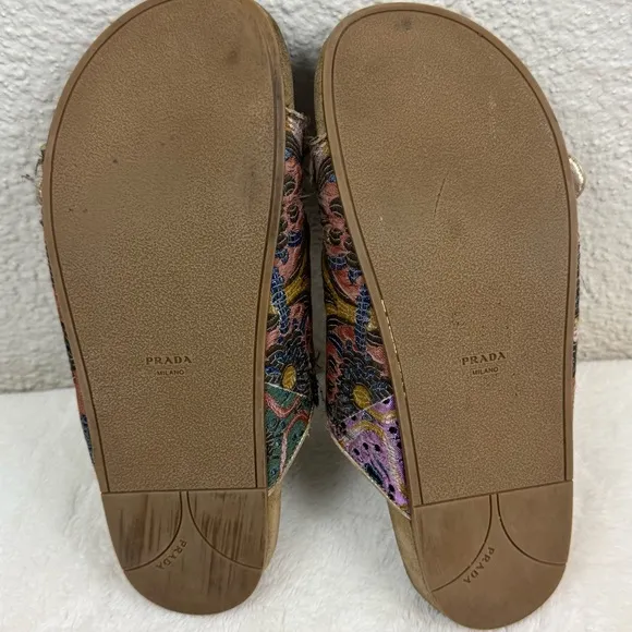 PRADA Floral Jacquard Sandals Womens Sz 39 US 9 Suede Buckle Strap Slides