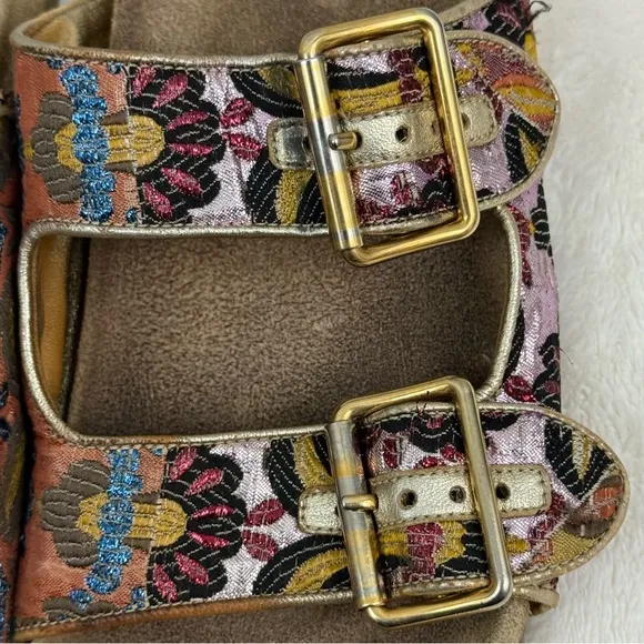 PRADA Floral Jacquard Sandals Womens Sz 39 US 9 Suede Buckle Strap Slides