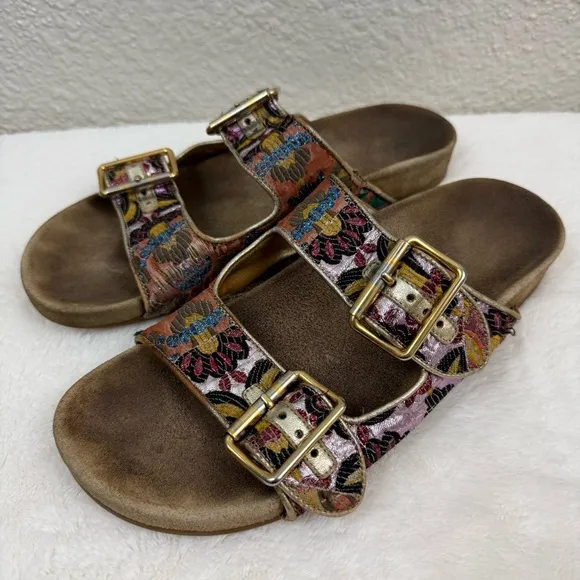 PRADA Floral Jacquard Sandals Womens Sz 39 US 9 Suede Buckle Strap Slides