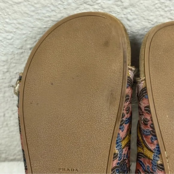 PRADA Floral Jacquard Sandals Womens Sz 39 US 9 Suede Buckle Strap Slides