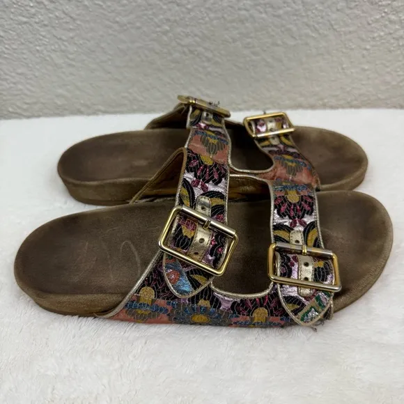 PRADA Floral Jacquard Sandals Womens Sz 39 US 9 Suede Buckle Strap Slides