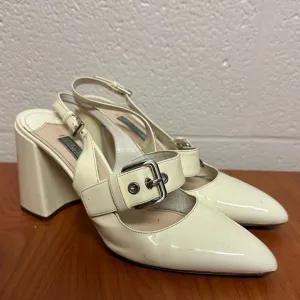 Prada Off White Patent Leather Mary Jane Slingback Block Heel Pumps Size 37.5