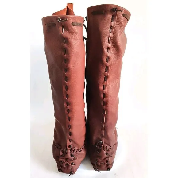 Ramble Leather Dark Brown Elk Deer Handmade Knee High Boots Size 10 Lace-Up Back