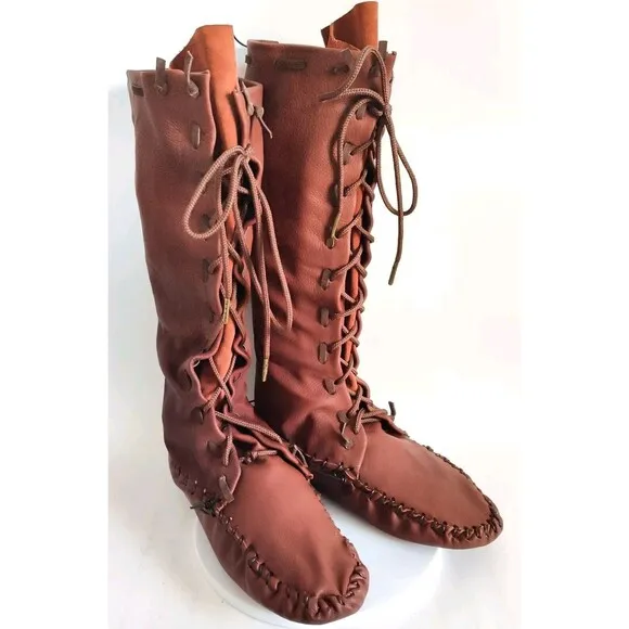 Ramble Leather Dark Brown Elk Deer Handmade Knee High Boots Size 10 Lace-Up Back