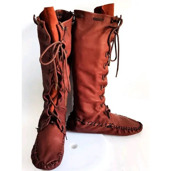 Ramble Leather Dark Brown Elk Deer Handmade Knee High Boots Size 10 Lace-Up Back