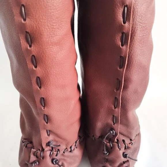 Ramble Leather Dark Brown Elk Deer Handmade Knee High Boots Size 10 Lace-Up Back