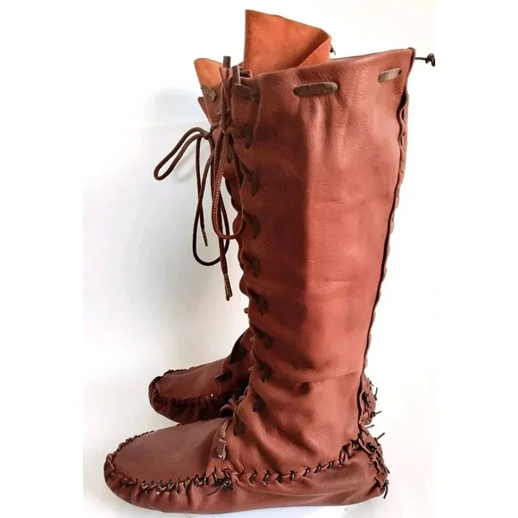 Ramble Leather Dark Brown Elk Deer Handmade Knee High Boots Size 10 Lace-Up Back