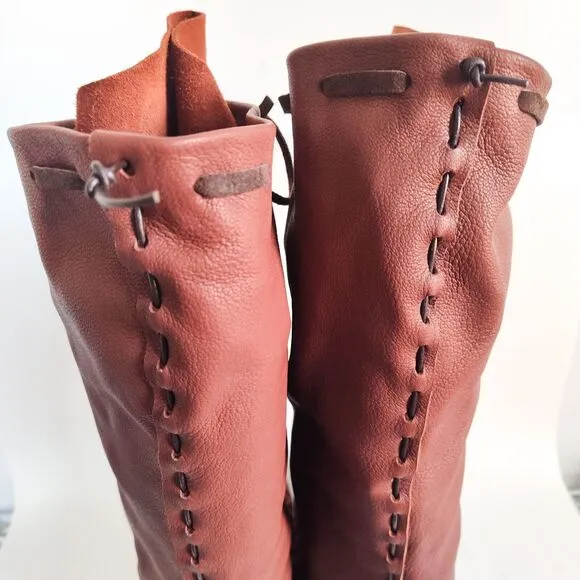 Ramble Leather Dark Brown Elk Deer Handmade Knee High Boots Size 10 Lace-Up Back