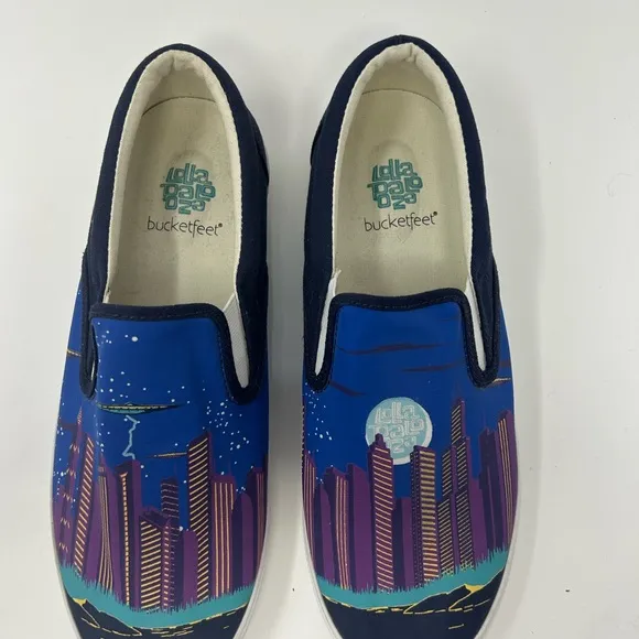 RARE Bucketfeet x Lollapalooza 2014 cityscape slip-on sneakers sz 9 men 11 women