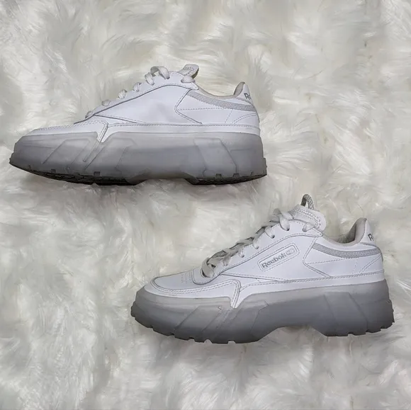 Reebok‎ X Cardi B Club C Platform Chunky Triple White Chalk Sneakers Size 37