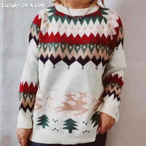 Reindeer Bold Color Knit Round Neck Shirt Holiday Fair Isle Christmas Sweater