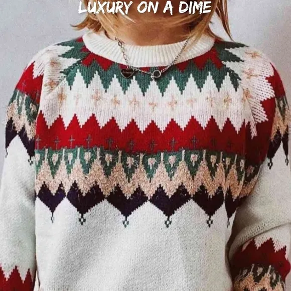 Reindeer Bold Color Knit Round Neck Shirt Holiday Fair Isle Christmas Sweater