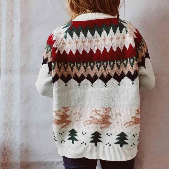 Reindeer Bold Color Knit Round Neck Shirt Holiday Fair Isle Christmas Sweater