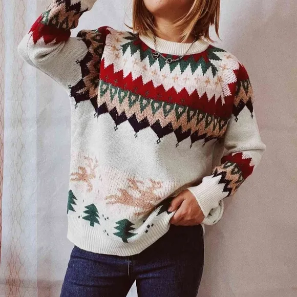 Reindeer Bold Color Knit Round Neck Shirt Holiday Fair Isle Christmas Sweater