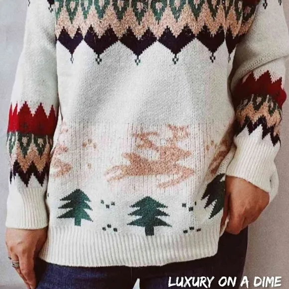 Reindeer Bold Color Knit Round Neck Shirt Holiday Fair Isle Christmas Sweater