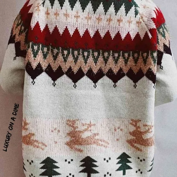 Reindeer Bold Color Knit Round Neck Shirt Holiday Fair Isle Christmas Sweater