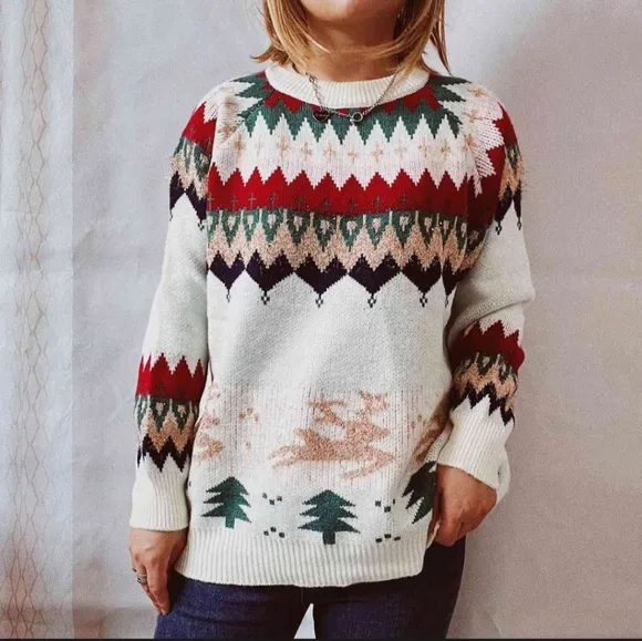 Reindeer Bold Color Knit Round Neck Shirt Holiday Fair Isle Christmas Sweater