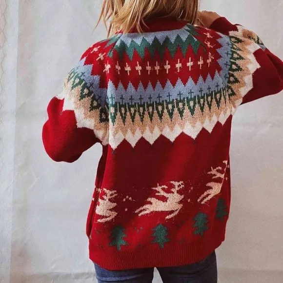 Reindeer Bold Knit Round Neck Shirt Holiday Fair Isle Christmas Sweater Top Red