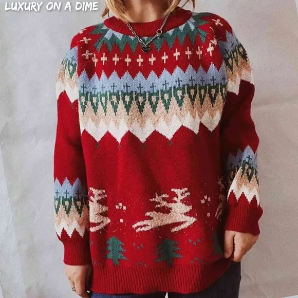 Reindeer Bold Knit Round Neck Shirt Holiday Fair Isle Christmas Sweater Top Red
