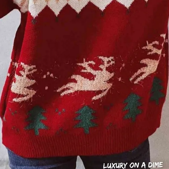 Reindeer Bold Knit Round Neck Shirt Holiday Fair Isle Christmas Sweater Top Red