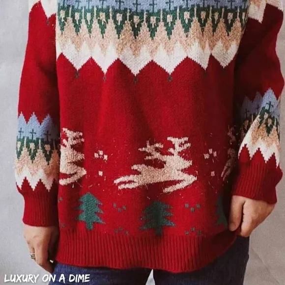 Reindeer Bold Knit Round Neck Shirt Holiday Fair Isle Christmas Sweater Top Red