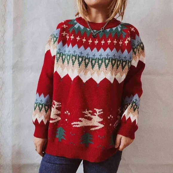 Reindeer Bold Knit Round Neck Shirt Holiday Fair Isle Christmas Sweater Top Red