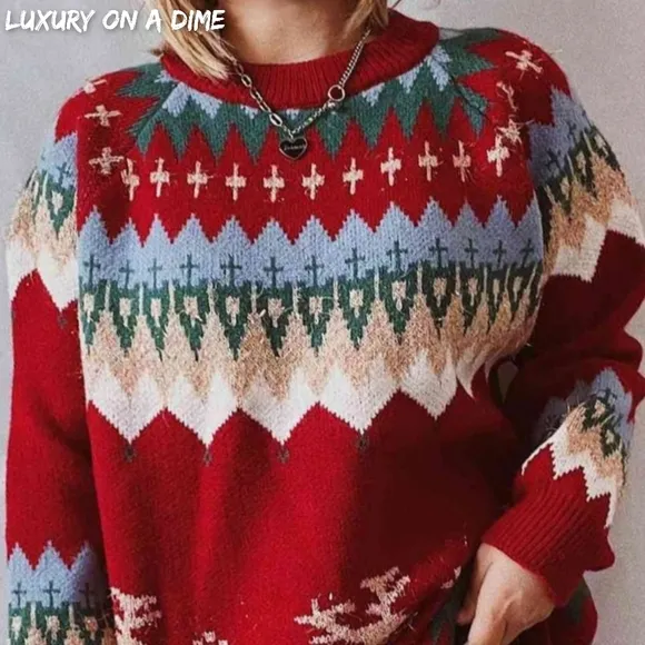 Reindeer Bold Knit Round Neck Shirt Holiday Fair Isle Christmas Sweater Top Red