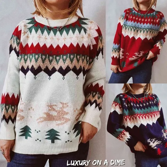Reindeer Bold Knit Round Neck Shirt Holiday Fair Isle Christmas Sweater Top Red