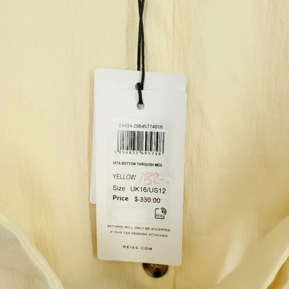 Reiss Vita Light Yellow Button Through Midi Dress NWT Size 12