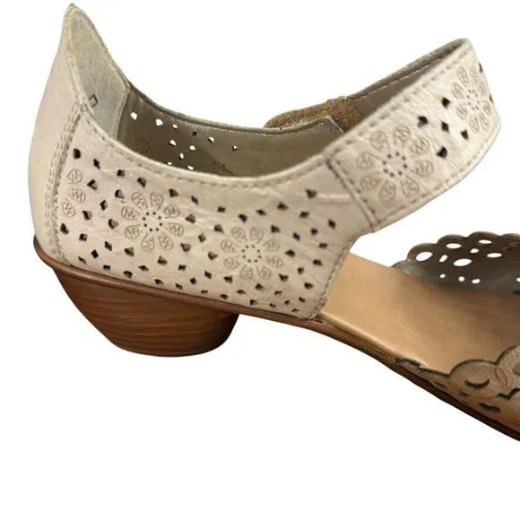 Rieker Mirjam 53 Womens Ivory Ankle Strap Chunky Low Heels Shoes Leather 40 /8.5