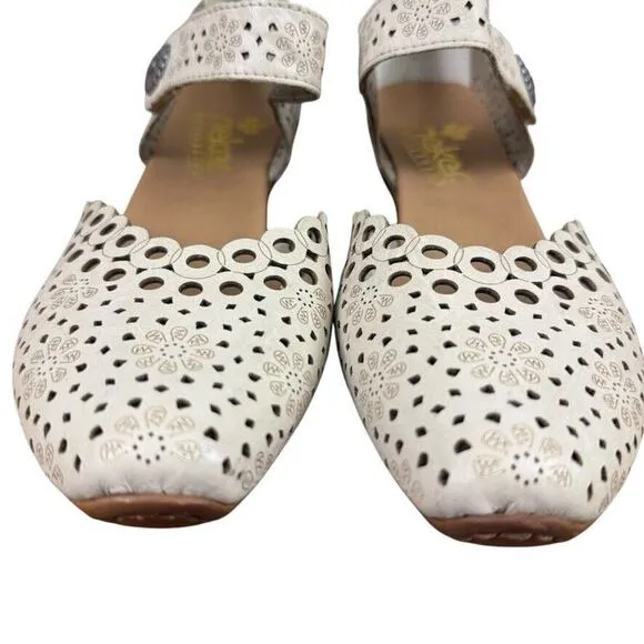 Rieker Mirjam 53 Womens Ivory Ankle Strap Chunky Low Heels Shoes Leather 40 /8.5