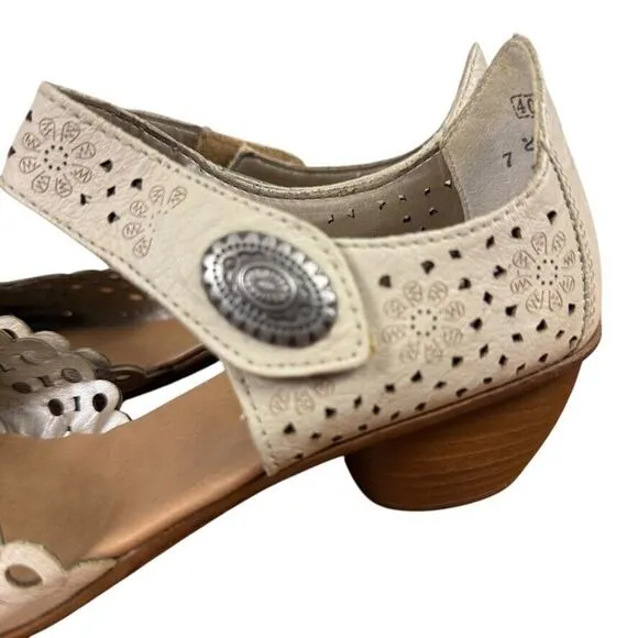 Rieker Mirjam 53 Womens Ivory Ankle Strap Chunky Low Heels Shoes Leather 40 /8.5