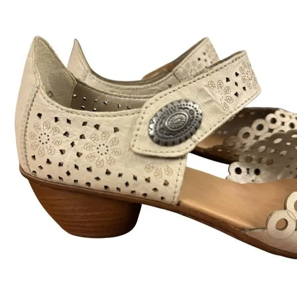 Rieker Mirjam 53 Womens Ivory Ankle Strap Chunky Low Heels Shoes Leather 40 /8.5