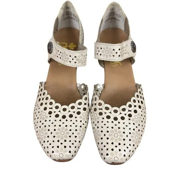 Rieker Mirjam 53 Womens Ivory Ankle Strap Chunky Low Heels Shoes Leather 40 /8.5