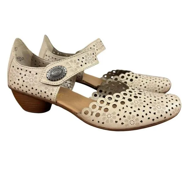 Rieker Mirjam 53 Womens Ivory Ankle Strap Chunky Low Heels Shoes Leather 40 /8.5