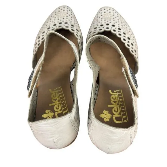 Rieker Mirjam 53 Womens Ivory Ankle Strap Chunky Low Heels Shoes Leather 40 /8.5