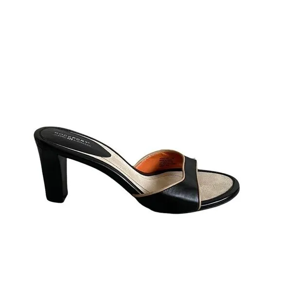ROCKPORT Black Camel Trim Leather Slip On Mules Heels Shoes 10