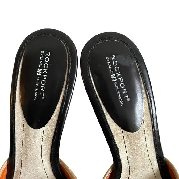 ROCKPORT Black Camel Trim Leather Slip On Mules Heels Shoes 10