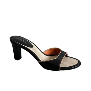 ROCKPORT Black Camel Trim Leather Slip On Mules Heels Shoes 10