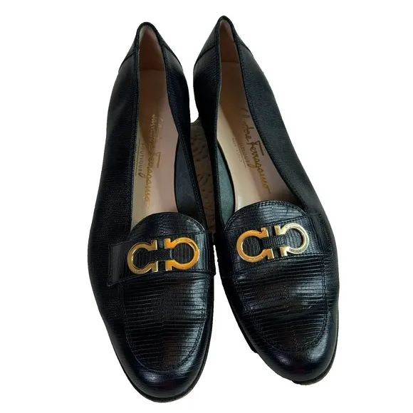 Salvatore Ferragamo Black Leather Women's Loafers Shoes Size 9 Made in Italy