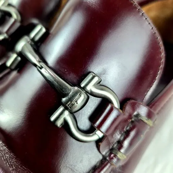 SALVATORE FERRAGAMO GRANDIOSO Gancini Bit Loafer Shoes Cherry Leather SZ 8 #882