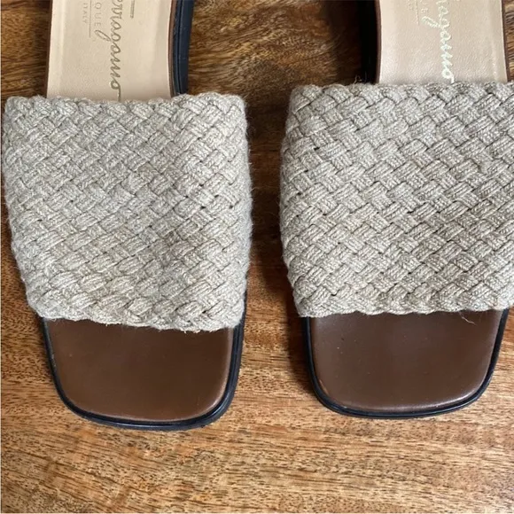Salvatore Ferragamo Italy Tan Woven Slides Sandals Shoes Wedge Platform