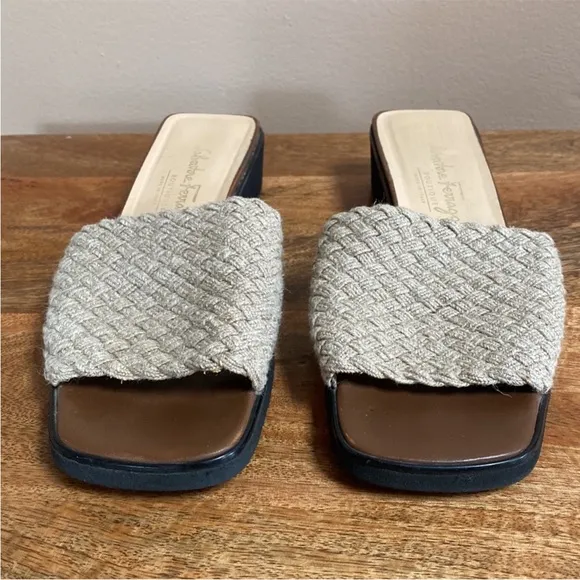 Salvatore Ferragamo Italy Tan Woven Slides Sandals Shoes Wedge Platform