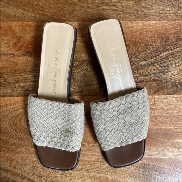 Salvatore Ferragamo Italy Tan Woven Slides Sandals Shoes Wedge Platform