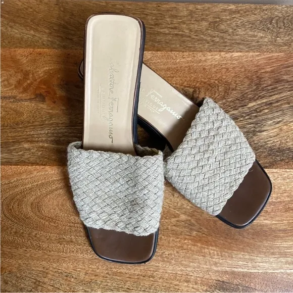 Salvatore Ferragamo Italy Tan Woven Slides Sandals Shoes Wedge Platform