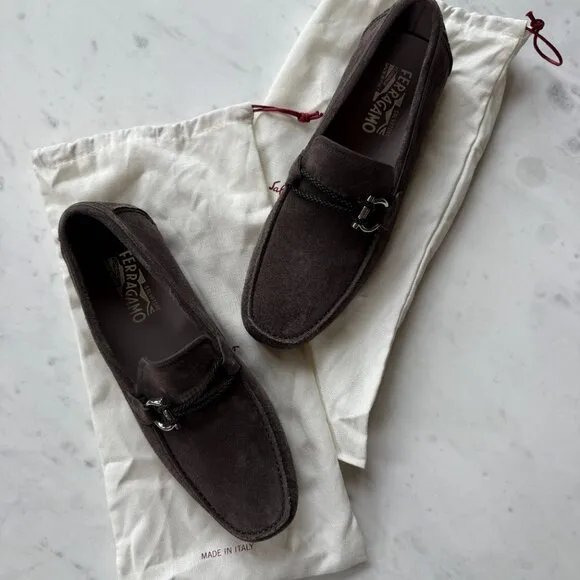 Salvatore Ferragamo Men's Greige Suede Driver Loafers - Size 9.5EE