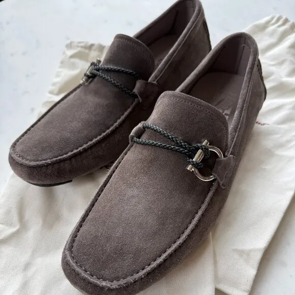 Salvatore Ferragamo Men's Greige Suede Driver Loafers - Size 9.5EE