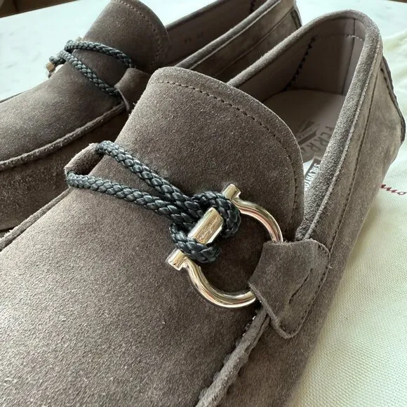 Salvatore Ferragamo Men's Greige Suede Driver Loafers - Size 9.5EE