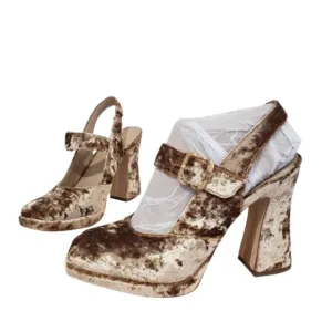 Sam Edelman Jildie Slingback Mary Jane Heel Size 10 Sand Crushed Velvet Retro