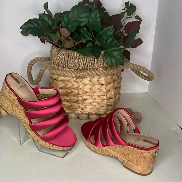 Sam Edelman Womens Fuchsia Satin Strappy Open Toe Cork Wedge Sandals Sz 8 M NIB